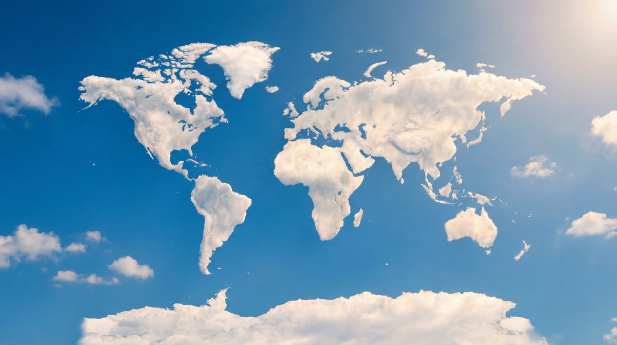 A photorealistic image of a cloud in the sky uniquely shaped like all the conti...