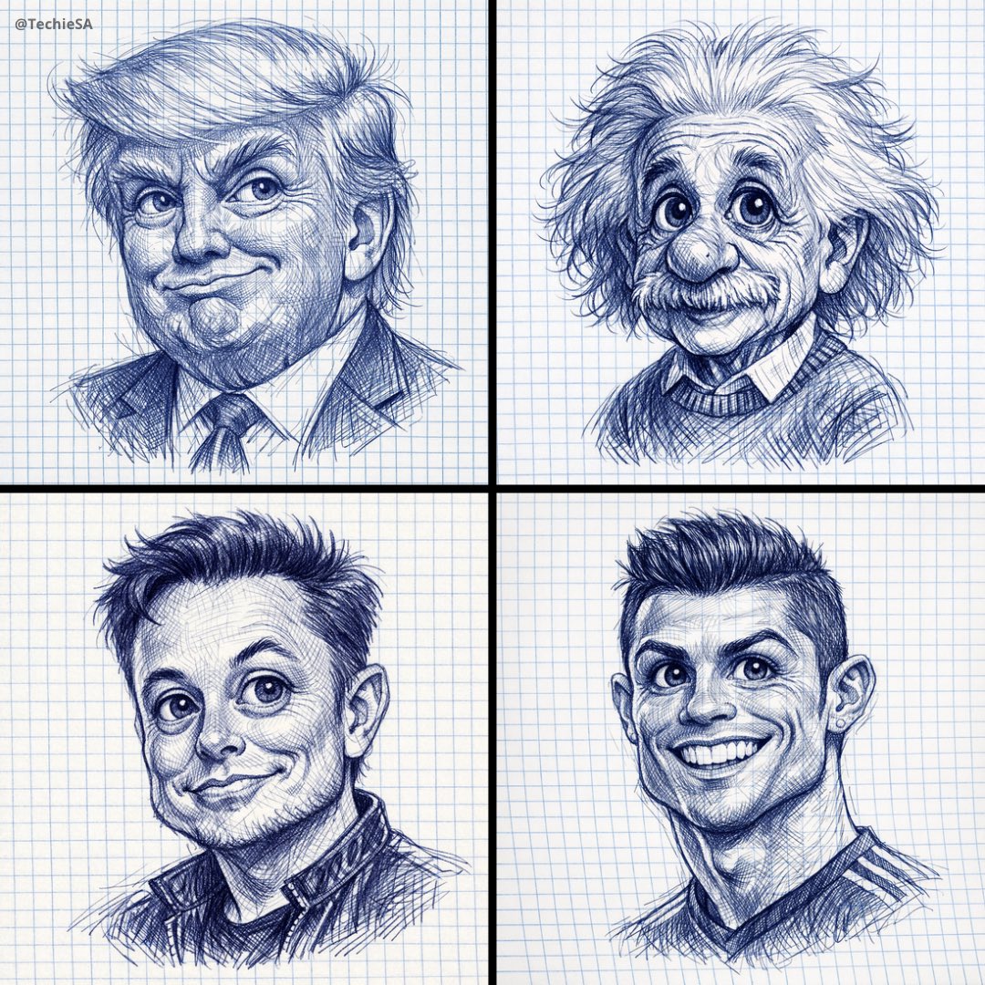 A detailed ballpoint pen sketch of drawn on checkered notebook paper 1080x1080....