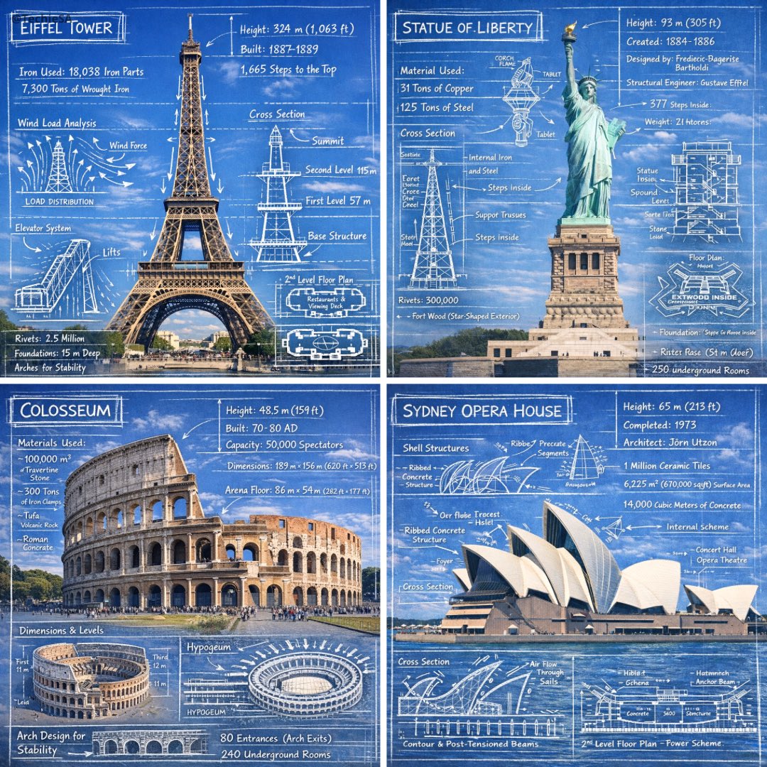 an infographic image of combining a real photograph of the landmark with bluepr...
