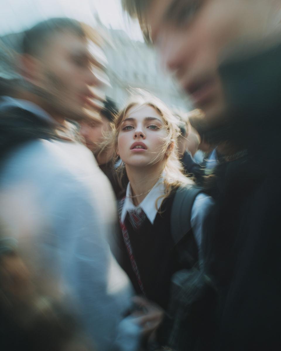 Paparazzi-style extreme close-up photo of a woman with striking facial features...