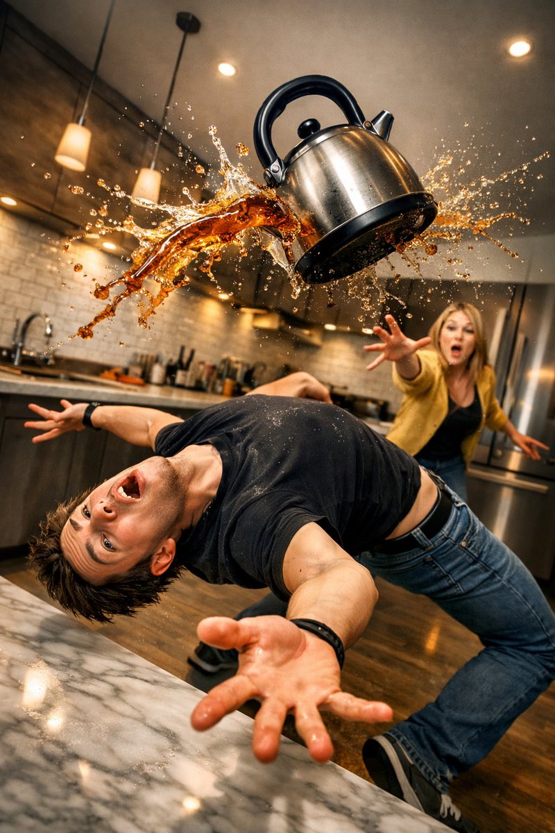 Surreal comedic scene inside a modern kitchen: a young man bends backward in an...