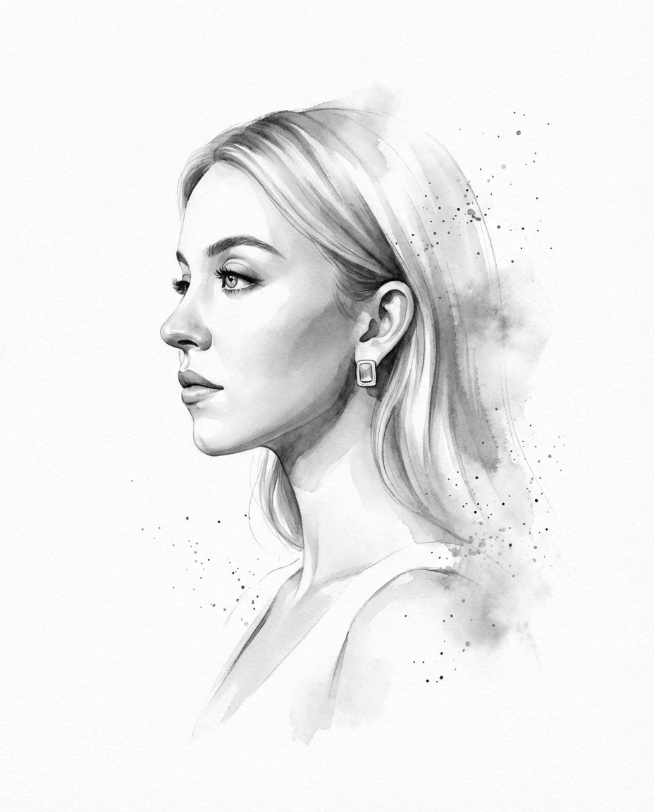Transform the input photo into a refined monochromatic ink portrait on a pure w...