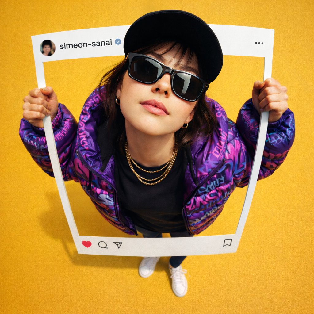 an Ultra realistic photo composite of uploaded person breaking out of an Instag...