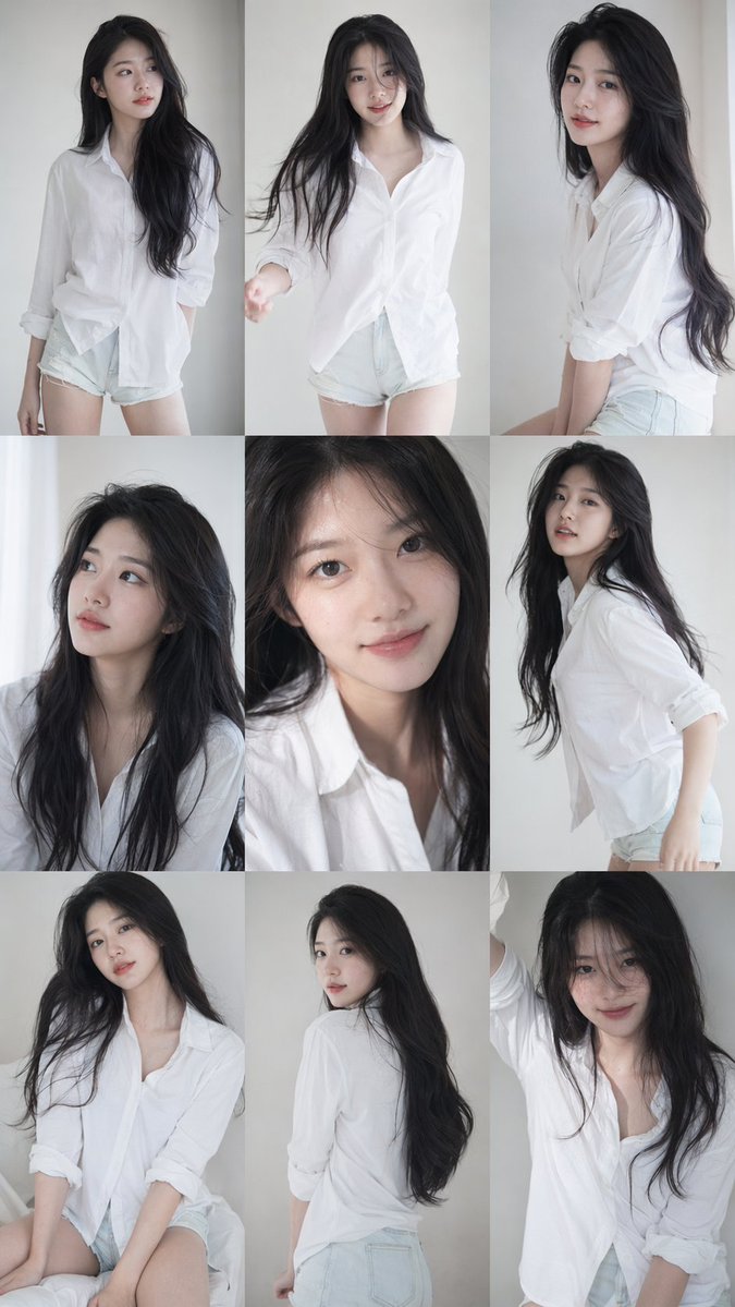 9:16 vertical — a 3x3 grid collage (nine images) forming a Korean idol portrait...
