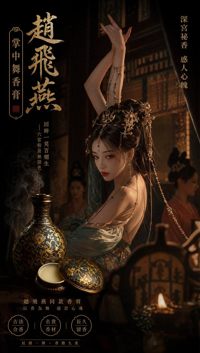 赵飞燕同款掌中舞香膏广告,错金缠枝莲铜瓶,冷艳诡谲深宫氛围感,竖屏9:16