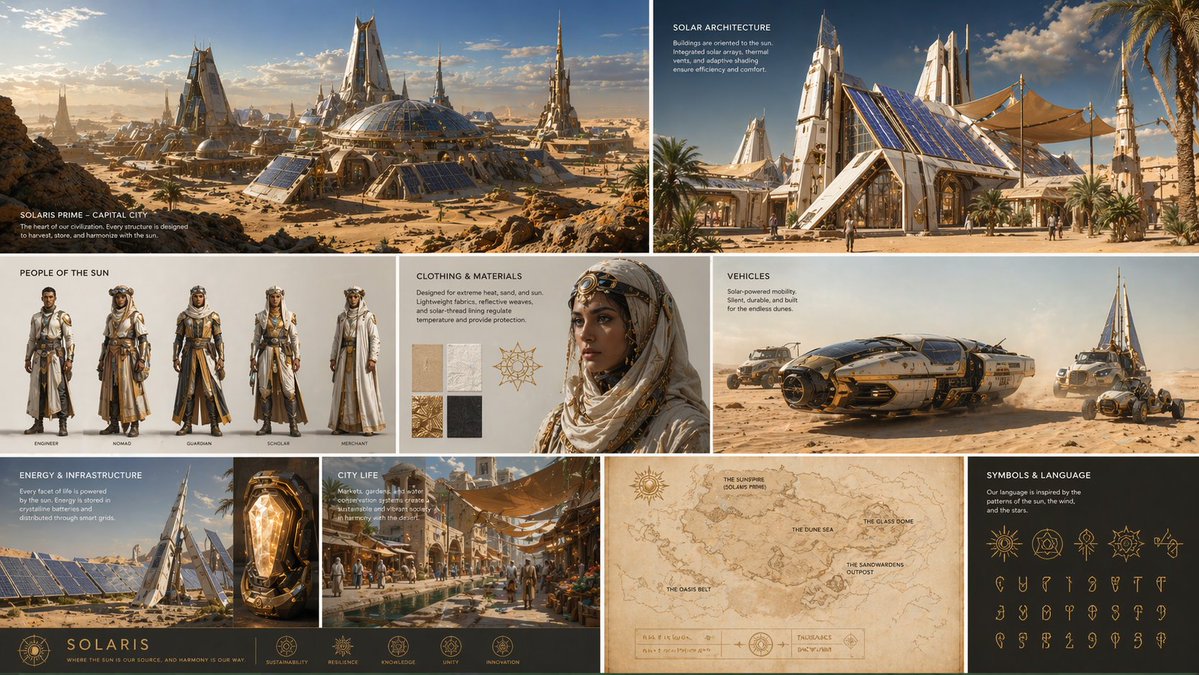 a complete visual worldbuilding set for a futuristic desert civilization powere...
