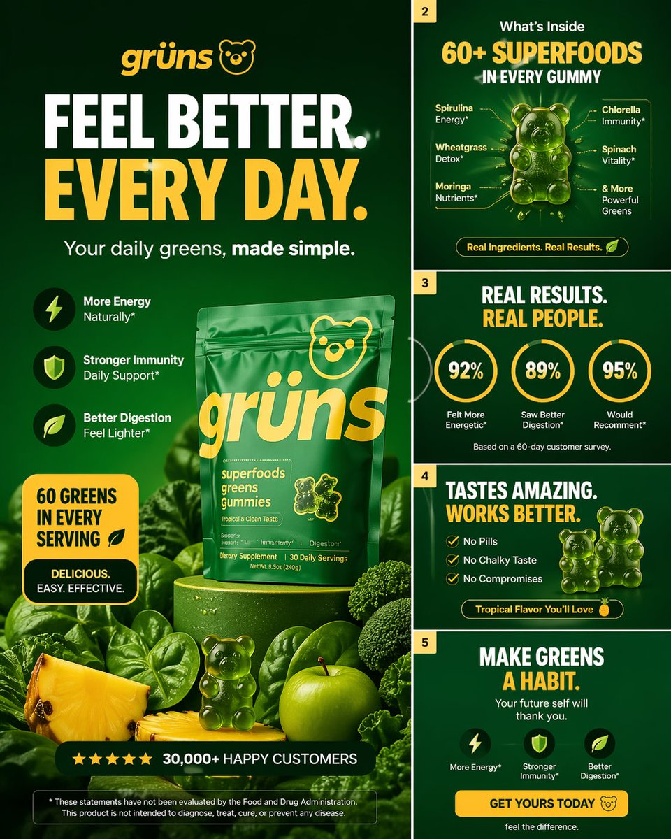 a high converting carousel image for Grüns (greens gummies).