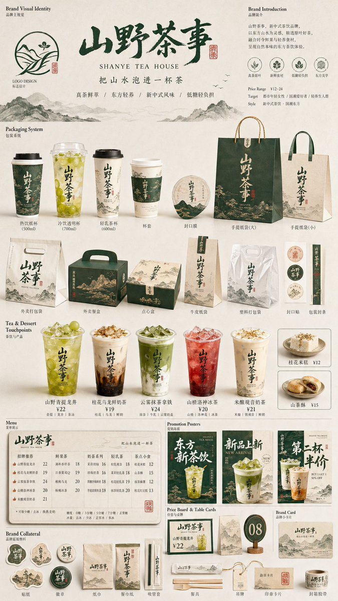 生成一张系列视觉图,用于展示一个完整的餐饮品牌视觉系统与包装应用方案。