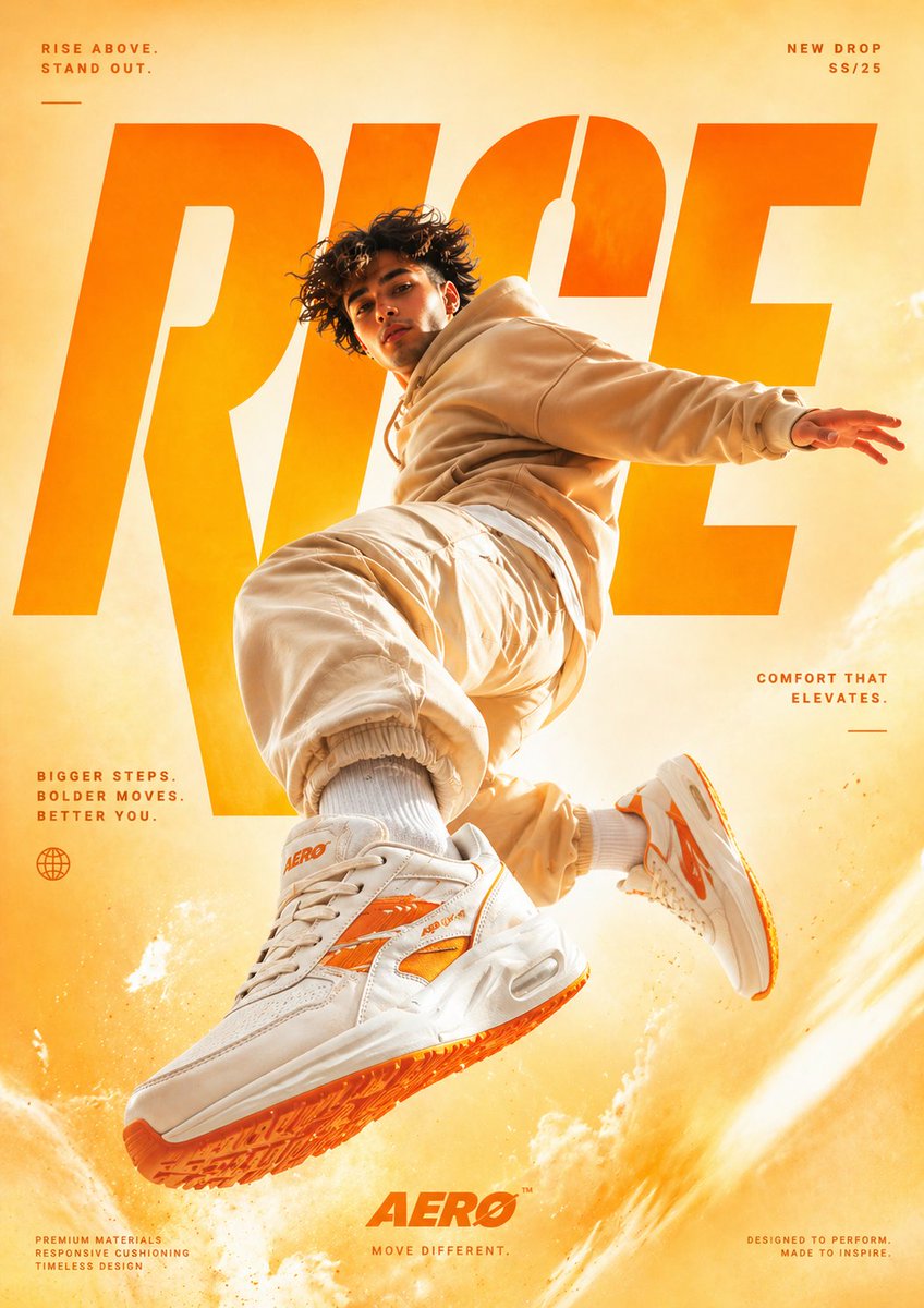 A cinematic high end sneaker advertisement poster featuring a young male model...