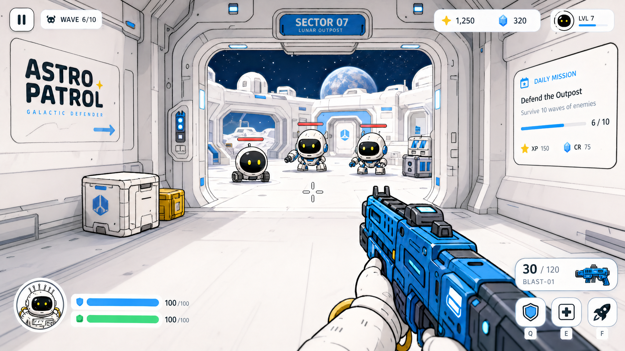 这个角色进入第一人称射击时的游戏截图,整体界面符合这个风格,简洁,Q版本