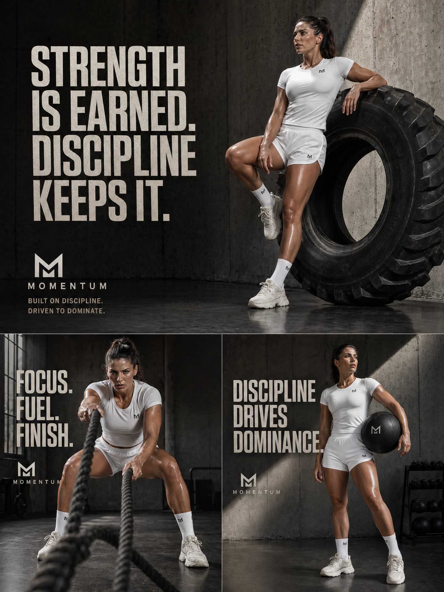 Cinematic luxury fitness editorial industrial concrete gym setting with raw tex...