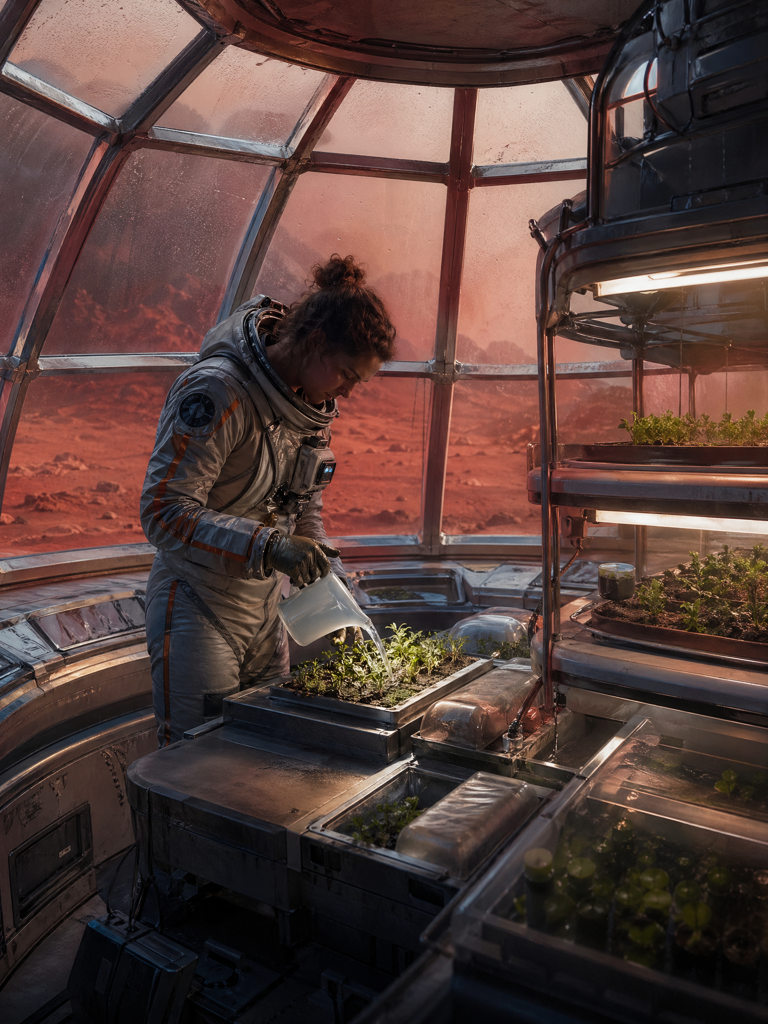 A lone astronaut botanist inside a small greenhouse module on Mars carefully wa...