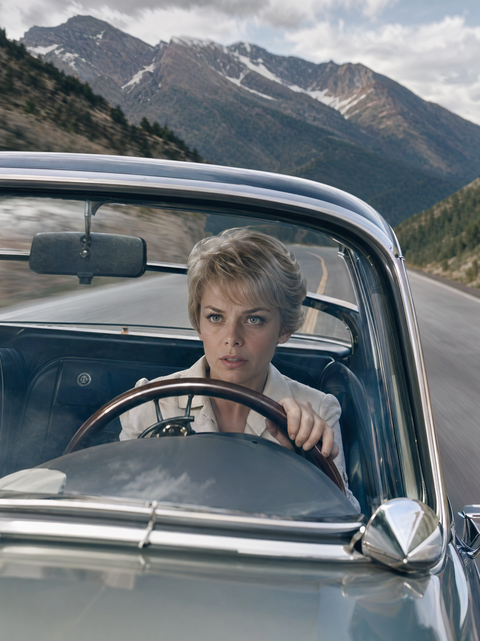 realistic photography Mia Farrow in a sports car visible through the windshield...