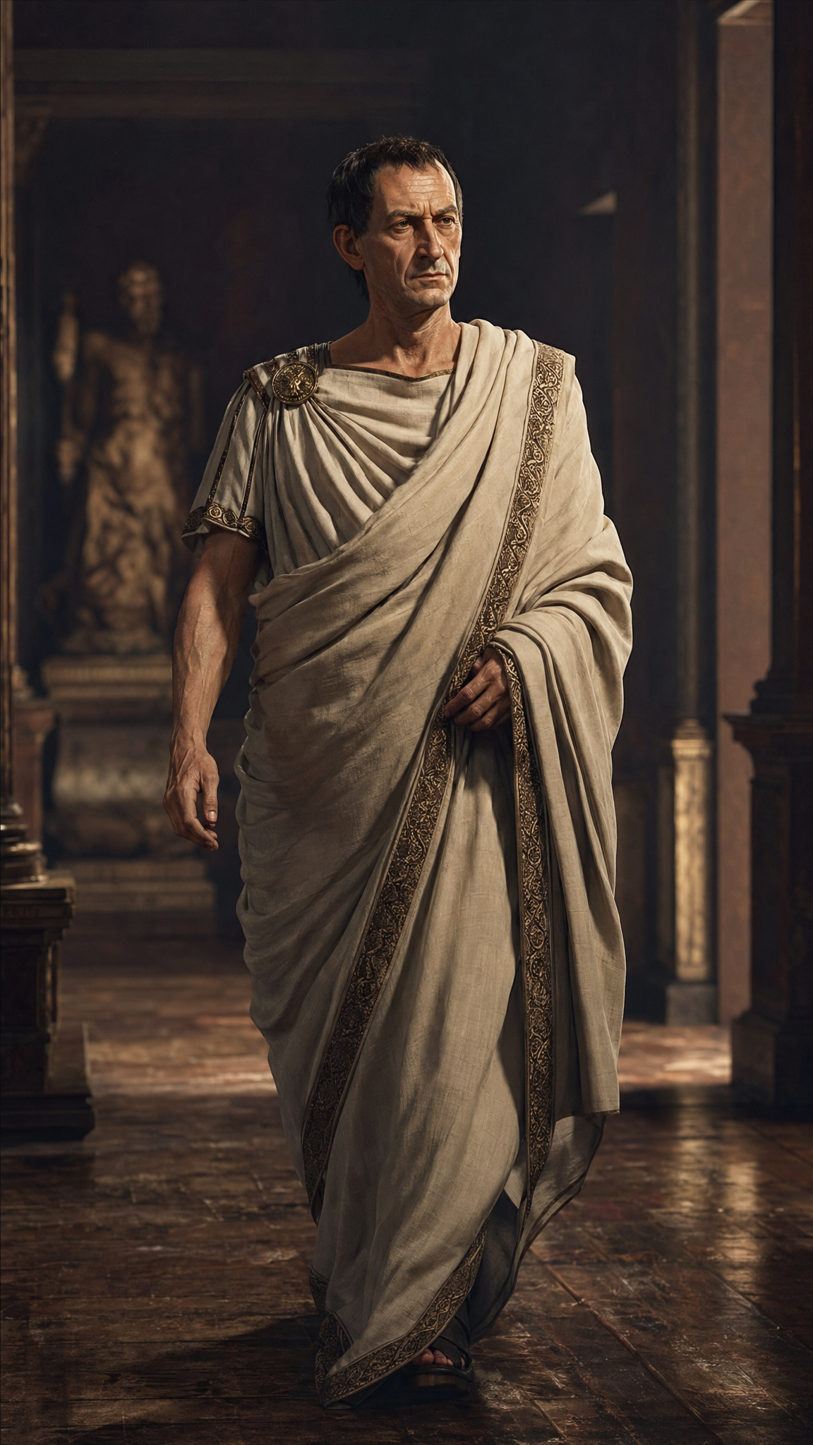 A portrait of julius caesar emepror of rome with white toga centered walking sl...