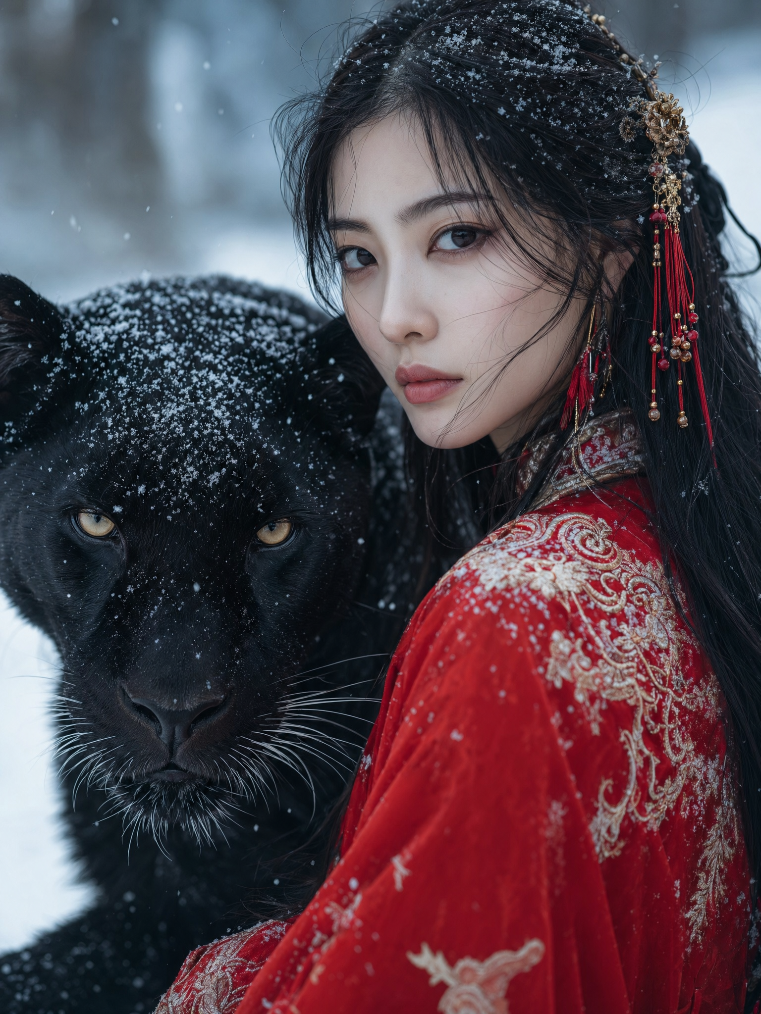 a detailed portrait of an east asian woman and a large black panther against a...