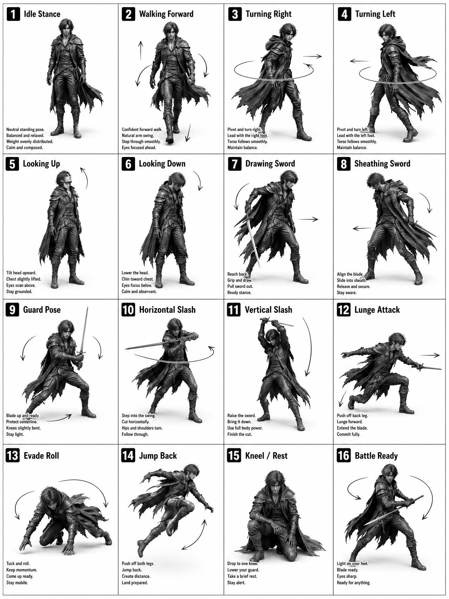 Monochrome grayscale illustration 3D-rendered character clean instructional ref...