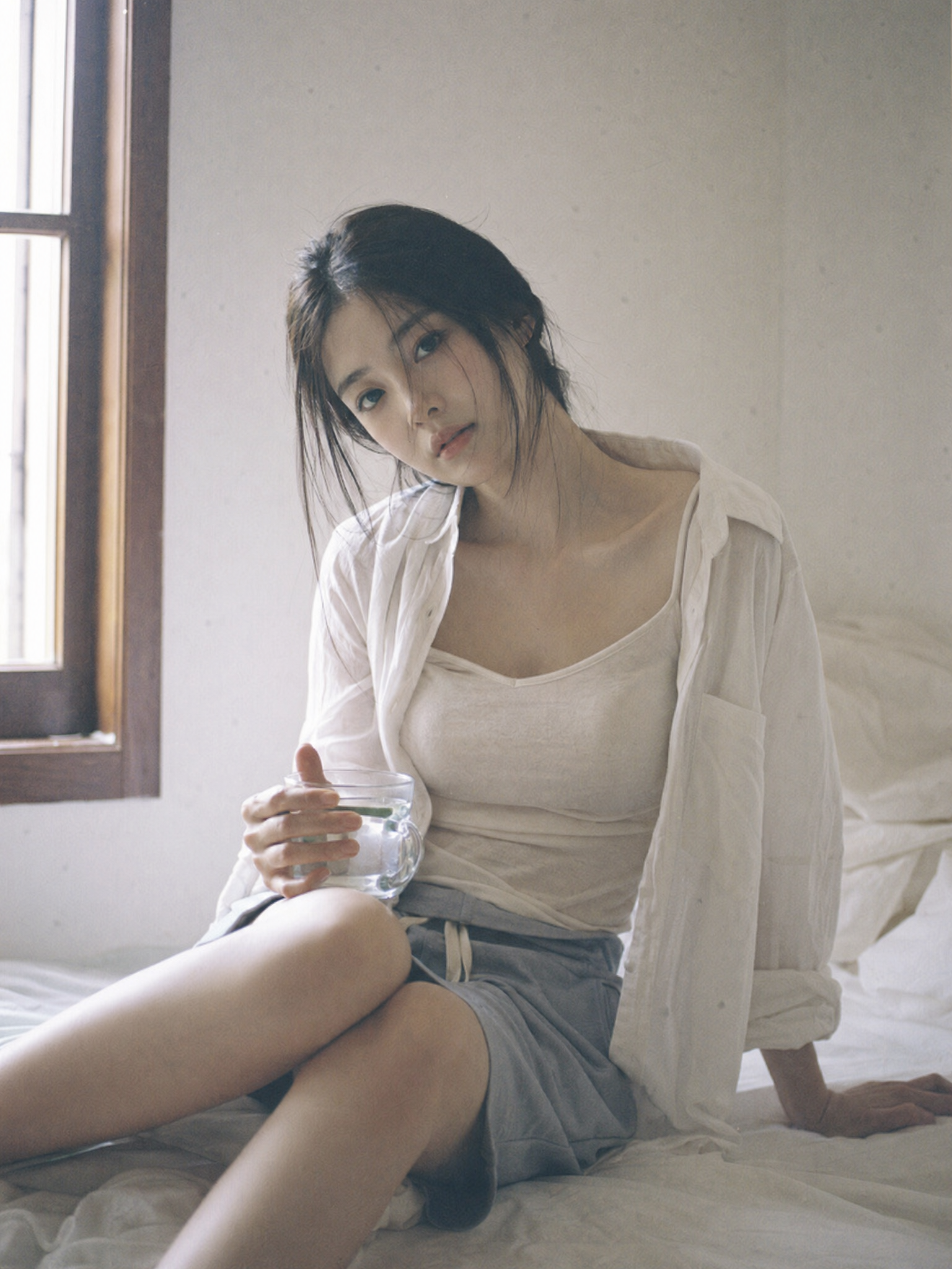 Japanese negative film aesthetic quiet indoor corner soft natural light slight...