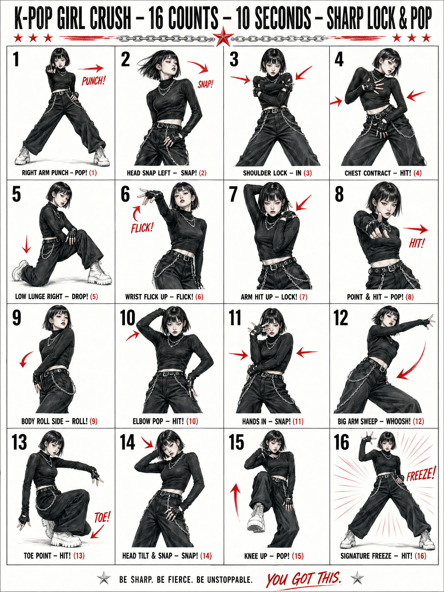 A colored pencil sketch style choreography sheet infographic for a K-pop solo d...