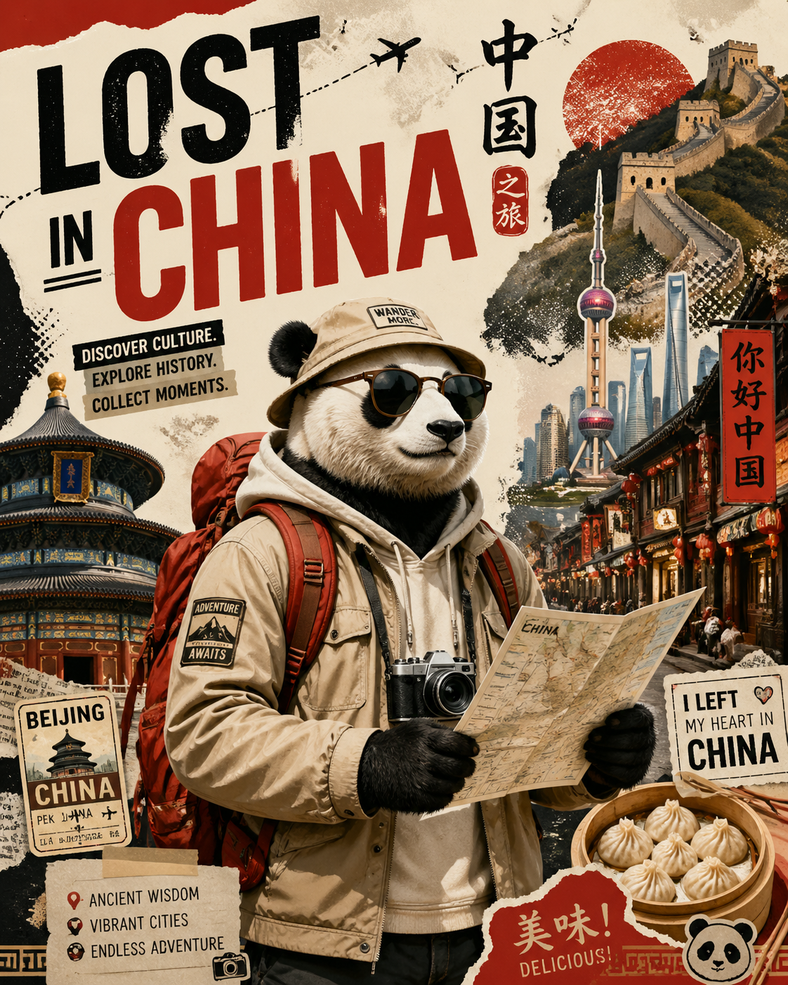 Create a stylized travel poster / graphic collage for China. The main subject s...