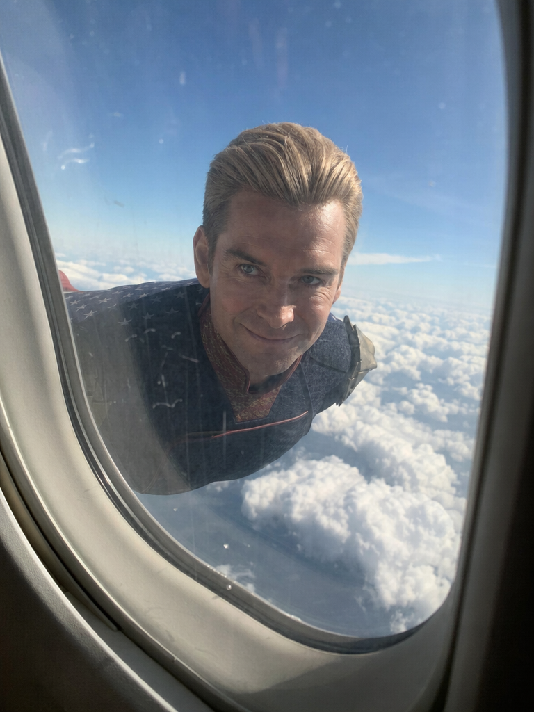 POV视角,从客机舷窗向外望去,黑袍纠察队的祖国人正与飞机并肩飞行,与镜头直接对视,面带微笑但压迫感十足。画面由手机拍摄,带有轻微抖动、曝光不均和真实的玻璃反...